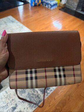 Burberry Brown Leather & Beige Check Crossbody (authentic)
